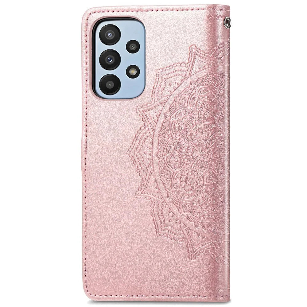Mandala Embossed Phone Case for Samsung Galaxy A23 4G / 5G (Global Version) Anti-fall Stand Phone Cover Shell with Wallet - Rose Gold - 3