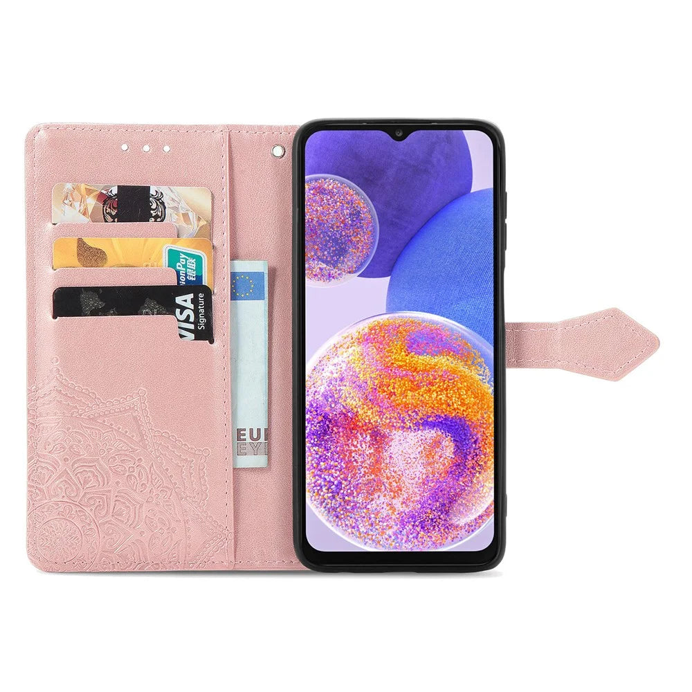 Mandala Embossed Phone Case for Samsung Galaxy A23 4G / 5G (Global Version) Anti-fall Stand Phone Cover Shell with Wallet - Rose Gold - 4
