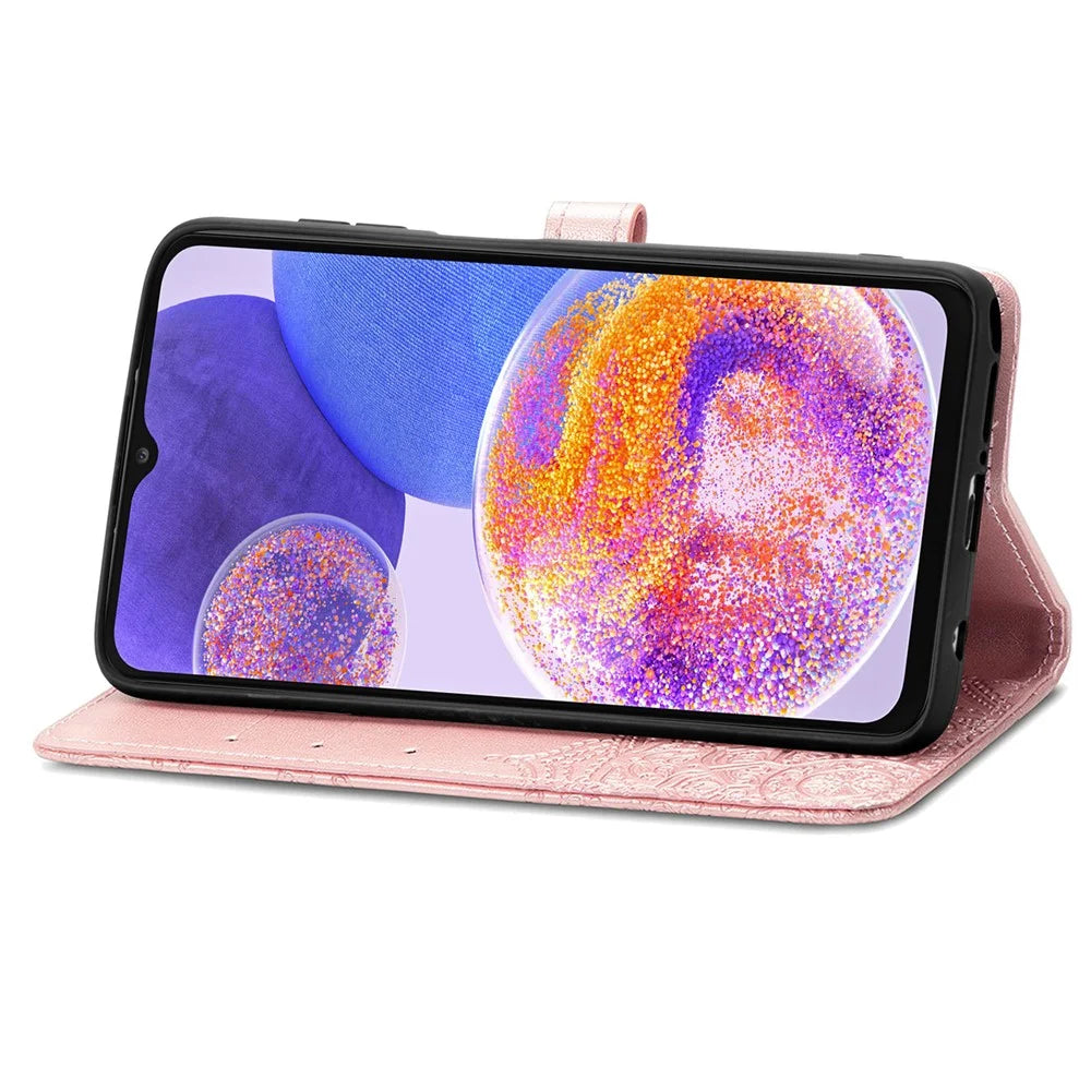 Mandala Embossed Phone Case for Samsung Galaxy A23 4G / 5G (Global Version) Anti-fall Stand Phone Cover Shell with Wallet - Rose Gold - 5