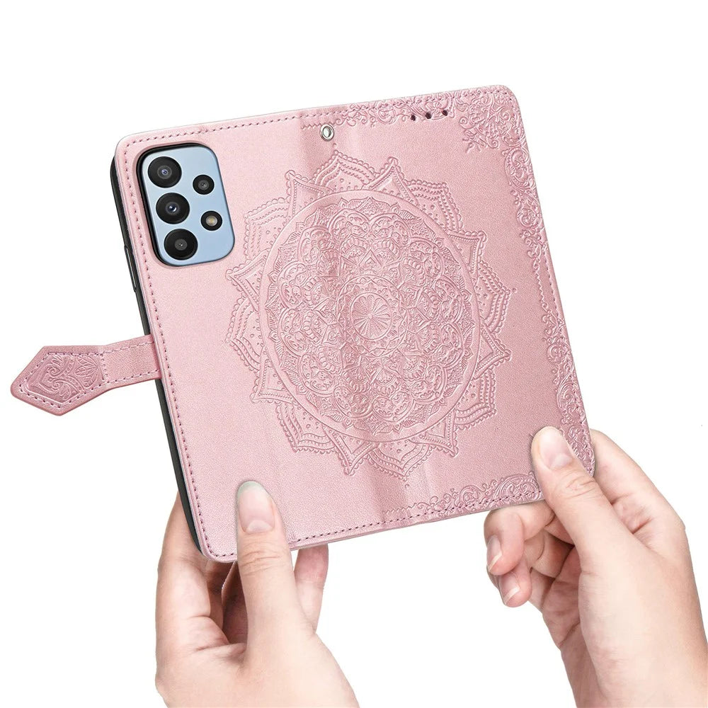 Mandala Embossed Phone Case for Samsung Galaxy A23 4G / 5G (Global Version) Anti-fall Stand Phone Cover Shell with Wallet - Rose Gold - 6
