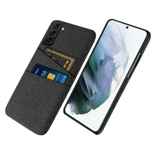 For Samsung Galaxy S21 FE 5G Anti-shock Cloth Coated Hard PC Phone Case Cloth Texture Multifunction Dual Card Slots Cell Phone Back Cover - Black - 1