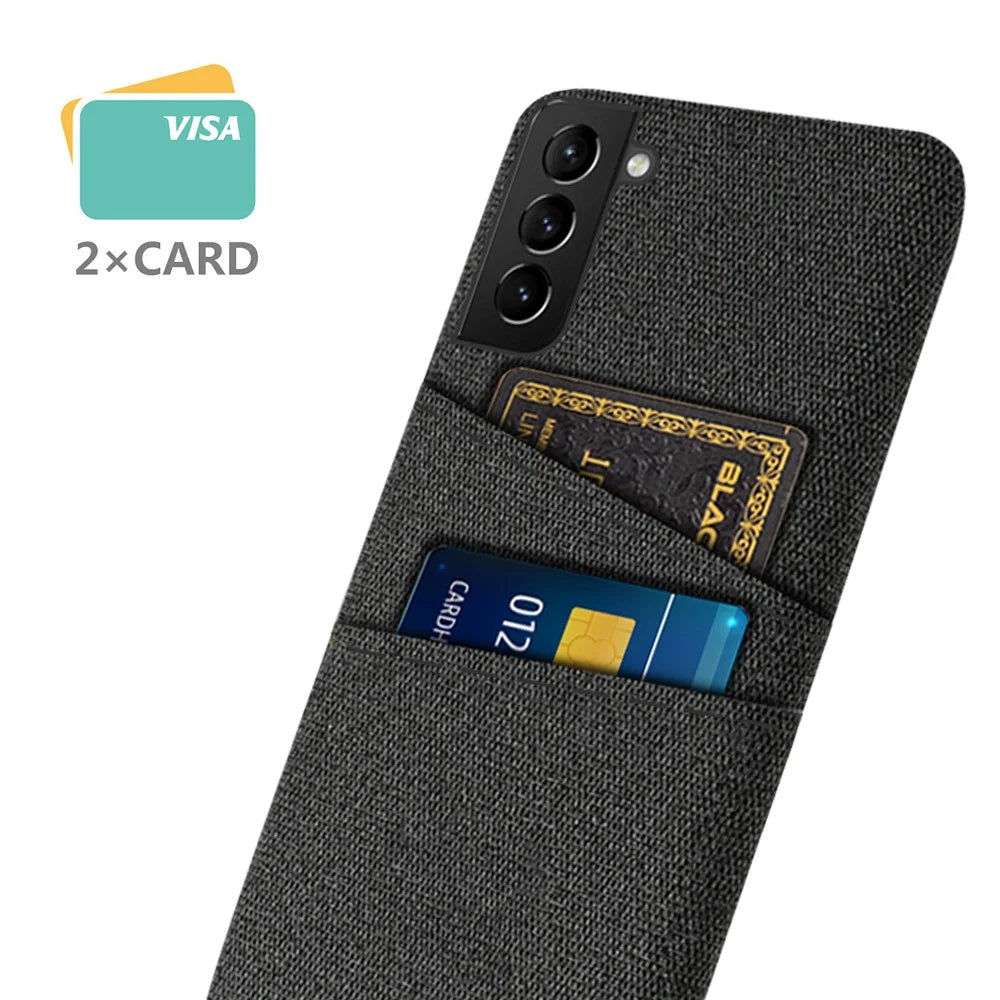 For Samsung Galaxy S21 FE 5G Anti-shock Cloth Coated Hard PC Phone Case Cloth Texture Multifunction Dual Card Slots Cell Phone Back Cover - Black - 2