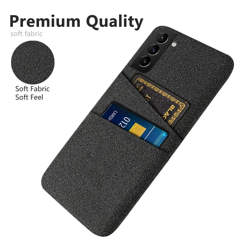 For Samsung Galaxy S21 FE 5G Anti-shock Cloth Coated Hard PC Phone Case Cloth Texture Multifunction Dual Card Slots Cell Phone Back Cover - Black - 3