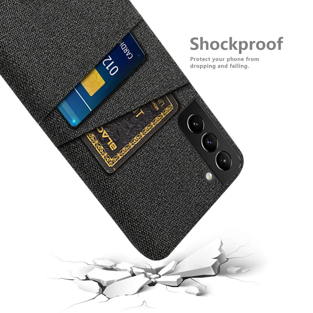 For Samsung Galaxy S21 FE 5G Anti-shock Cloth Coated Hard PC Phone Case Cloth Texture Multifunction Dual Card Slots Cell Phone Back Cover - Black - 4