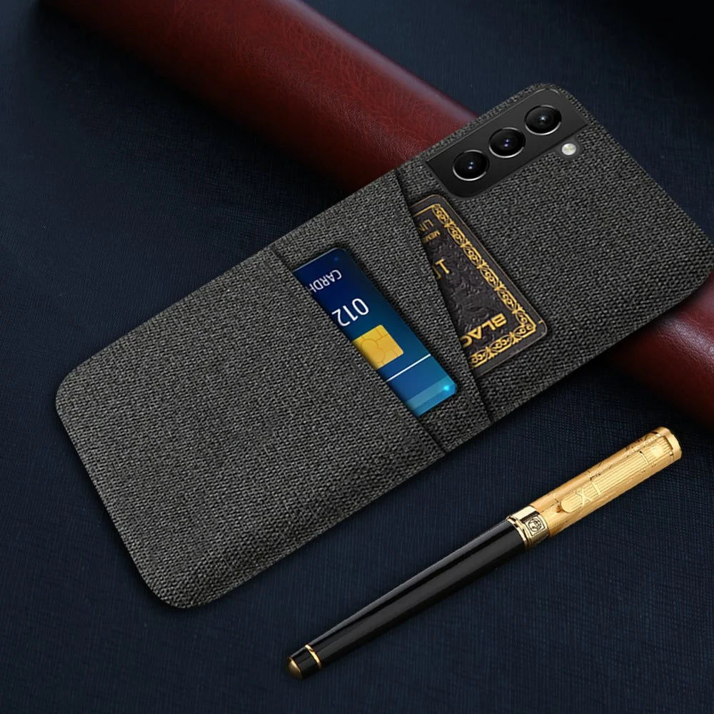 For Samsung Galaxy S21 FE 5G Anti-shock Cloth Coated Hard PC Phone Case Cloth Texture Multifunction Dual Card Slots Cell Phone Back Cover - Black - 5