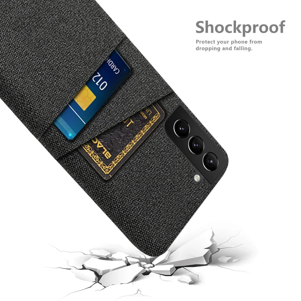 For Samsung Galaxy S22 5G Smartphone Case Cloth Texture Multifunction Dual Card Slots Cloth + PC Phone Back Cover - Black - 4