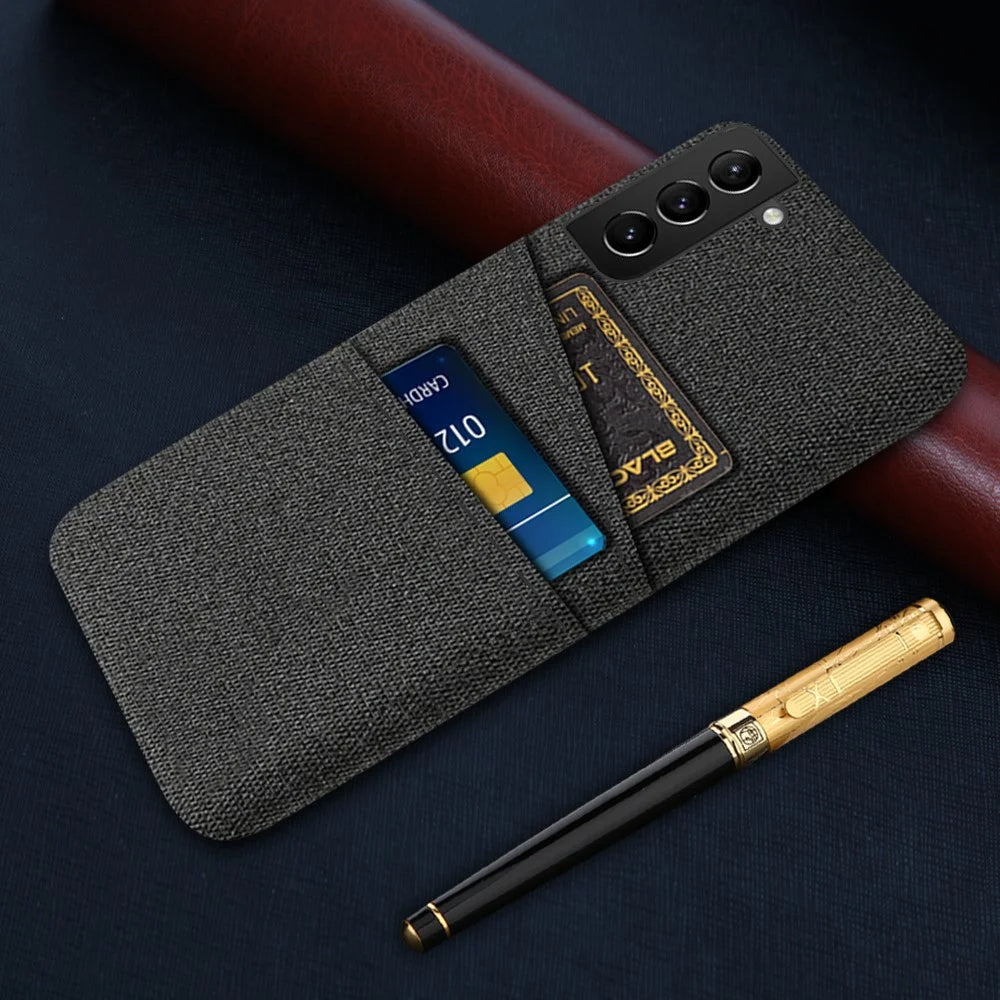 For Samsung Galaxy S22 5G Smartphone Case Cloth Texture Multifunction Dual Card Slots Cloth + PC Phone Back Cover - Black - 5