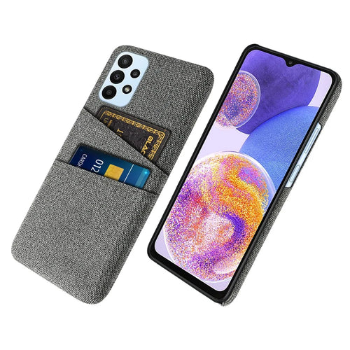 For Samsung Galaxy A23 4G / 5G (Global Version) Cloth + PC Phone Cover Anti-dust Cloth Texture Multifunction Dual Card Slots Cell Phone Case - Grey - 1