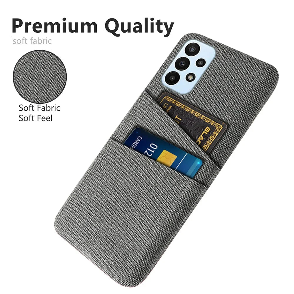 For Samsung Galaxy A23 4G / 5G (Global Version) Cloth + PC Phone Cover Anti-dust Cloth Texture Multifunction Dual Card Slots Cell Phone Case - Grey - 3