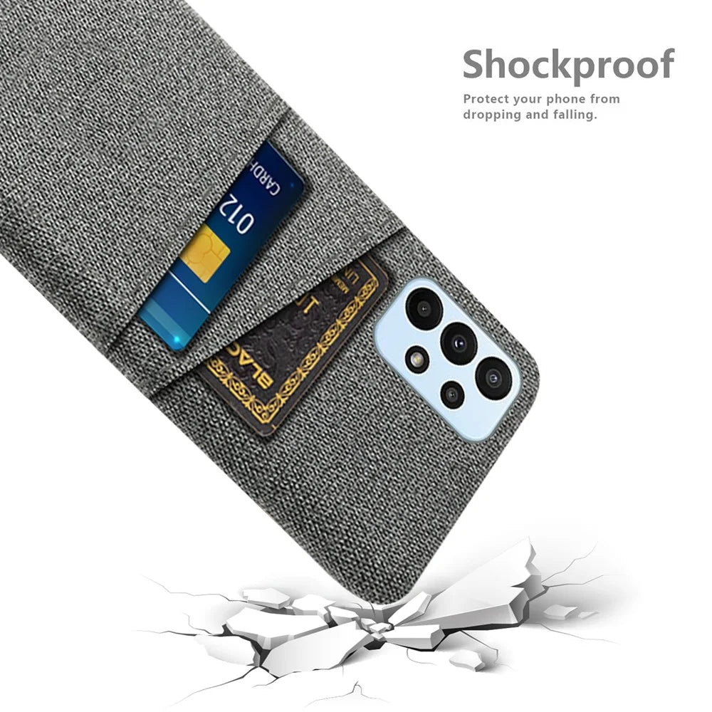 For Samsung Galaxy A23 4G / 5G (Global Version) Cloth + PC Phone Cover Anti-dust Cloth Texture Multifunction Dual Card Slots Cell Phone Case - Grey - 4
