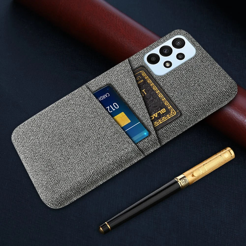 For Samsung Galaxy A23 4G / 5G (Global Version) Cloth + PC Phone Cover Anti-dust Cloth Texture Multifunction Dual Card Slots Cell Phone Case - Grey - 5