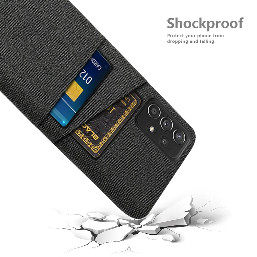 For Samsung Galaxy A52 5G/A52 4G/A52s 5G Mobile Phone Cover Dual Card Slots Cell Phone Case Cloth + PC Phone Back Shell - Black - 4