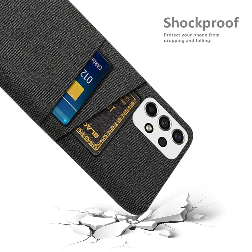 For Samsung Galaxy A53 5G Anti-drop Smartphone Case Bag Cloth Texture Multifunction Dual Card Slots Cloth + PC Phone Back Cover - Black - 4