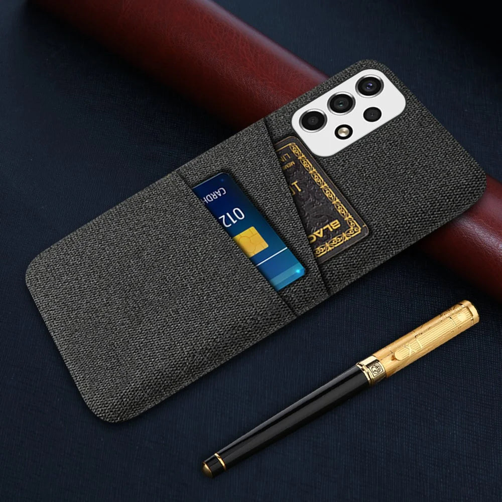For Samsung Galaxy A53 5G Anti-drop Smartphone Case Bag Cloth Texture Multifunction Dual Card Slots Cloth + PC Phone Back Cover - Black - 5