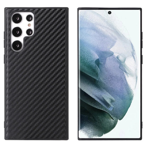 For Samsung Galaxy S22 Ultra 5G Textured Surface Scratch-resistant Cell Phone Case PU Leather Coated Soft TPU + Hard PC Hybrid Shell - Carbon Fiber Texture - 1