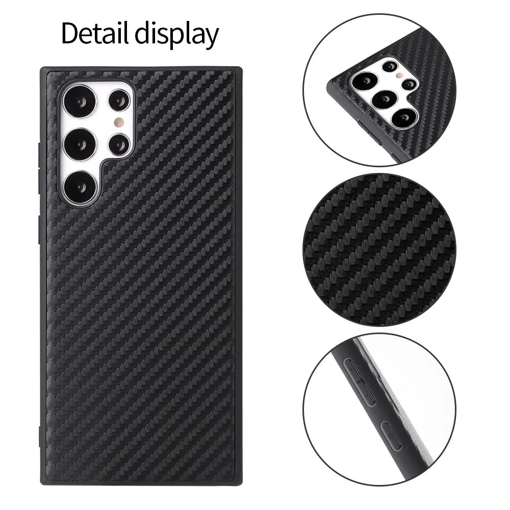 For Samsung Galaxy S22 Ultra 5G Textured Surface Scratch-resistant Cell Phone Case PU Leather Coated Soft TPU + Hard PC Hybrid Shell - Carbon Fiber Texture - 4