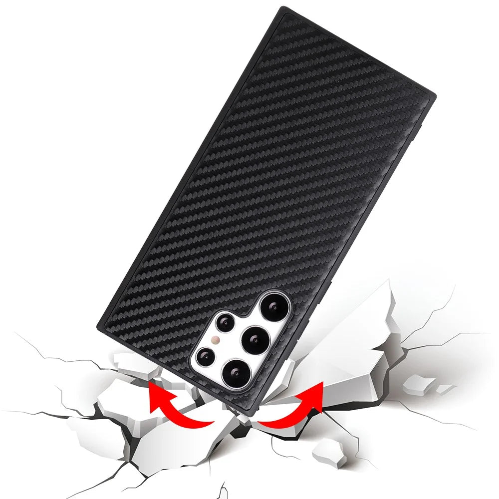 For Samsung Galaxy S22 Ultra 5G Textured Surface Scratch-resistant Cell Phone Case PU Leather Coated Soft TPU + Hard PC Hybrid Shell - Carbon Fiber Texture - 5