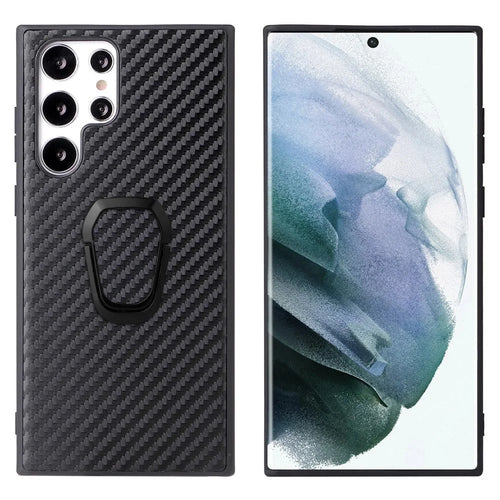 For Samsung Galaxy S22 Ultra 5G Ring Kickstand Anti-fingerprint PU Leather Coated TPU + PC Phone Case Car Mount Holder Shell - Carbon Fiber Texture - 1