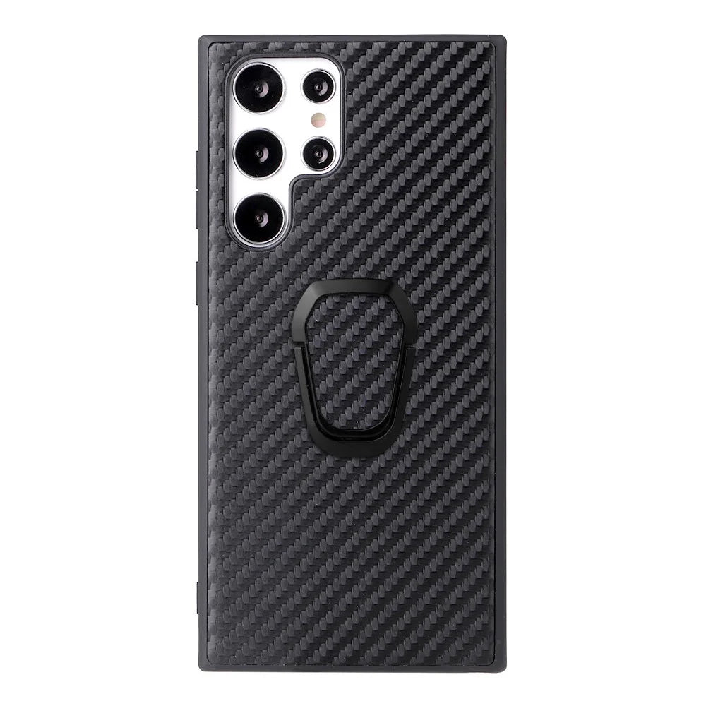 For Samsung Galaxy S22 Ultra 5G Ring Kickstand Anti-fingerprint PU Leather Coated TPU + PC Phone Case Car Mount Holder Shell - Carbon Fiber Texture - 3