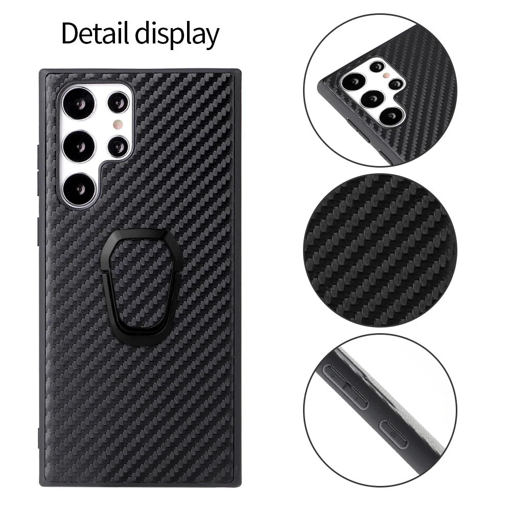 For Samsung Galaxy S22 Ultra 5G Ring Kickstand Anti-fingerprint PU Leather Coated TPU + PC Phone Case Car Mount Holder Shell - Carbon Fiber Texture - 4