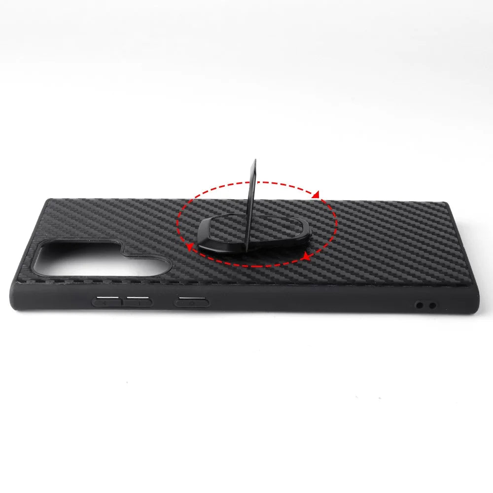 For Samsung Galaxy S22 Ultra 5G Ring Kickstand Anti-fingerprint PU Leather Coated TPU + PC Phone Case Car Mount Holder Shell - Carbon Fiber Texture - 5