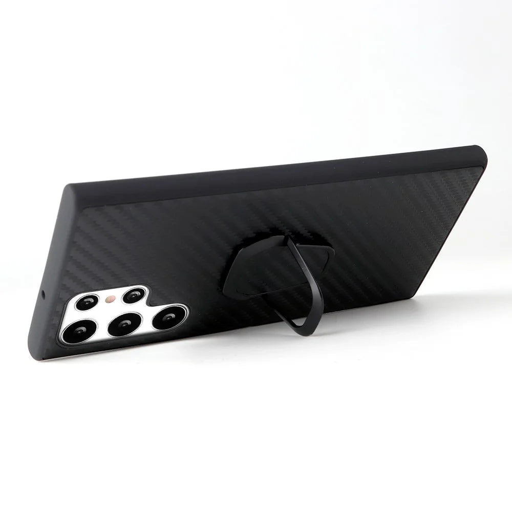 For Samsung Galaxy S22 Ultra 5G Ring Kickstand Anti-fingerprint PU Leather Coated TPU + PC Phone Case Car Mount Holder Shell - Carbon Fiber Texture - 6