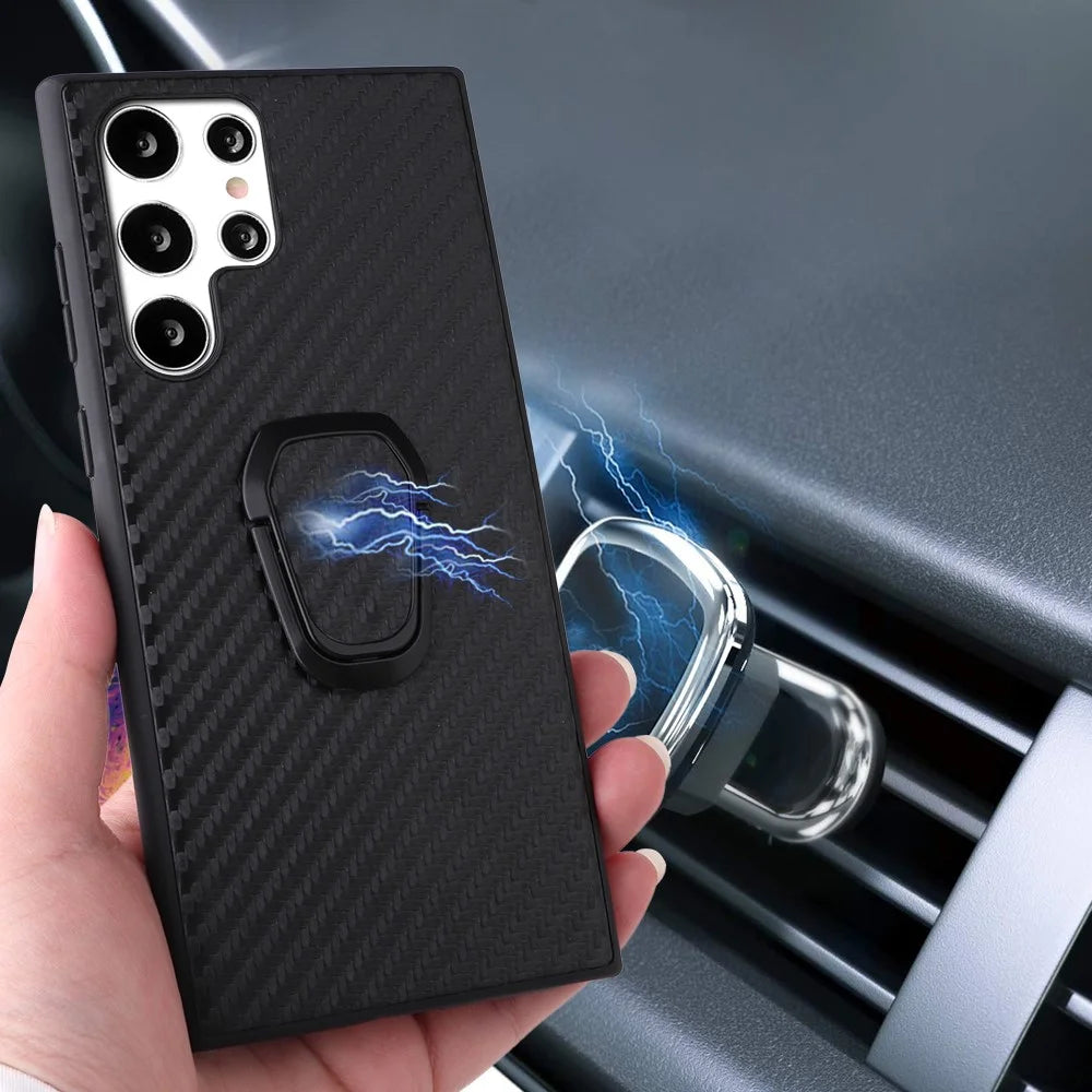 For Samsung Galaxy S22 Ultra 5G Ring Kickstand Anti-fingerprint PU Leather Coated TPU + PC Phone Case Car Mount Holder Shell - Carbon Fiber Texture - 7