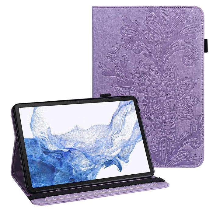 For Samsung Galaxy Tab S8 Shockproof Flower Imprinting Auto Wake/Sleep Tablet Cover Stand Wallet Leather Case - Purple - 1