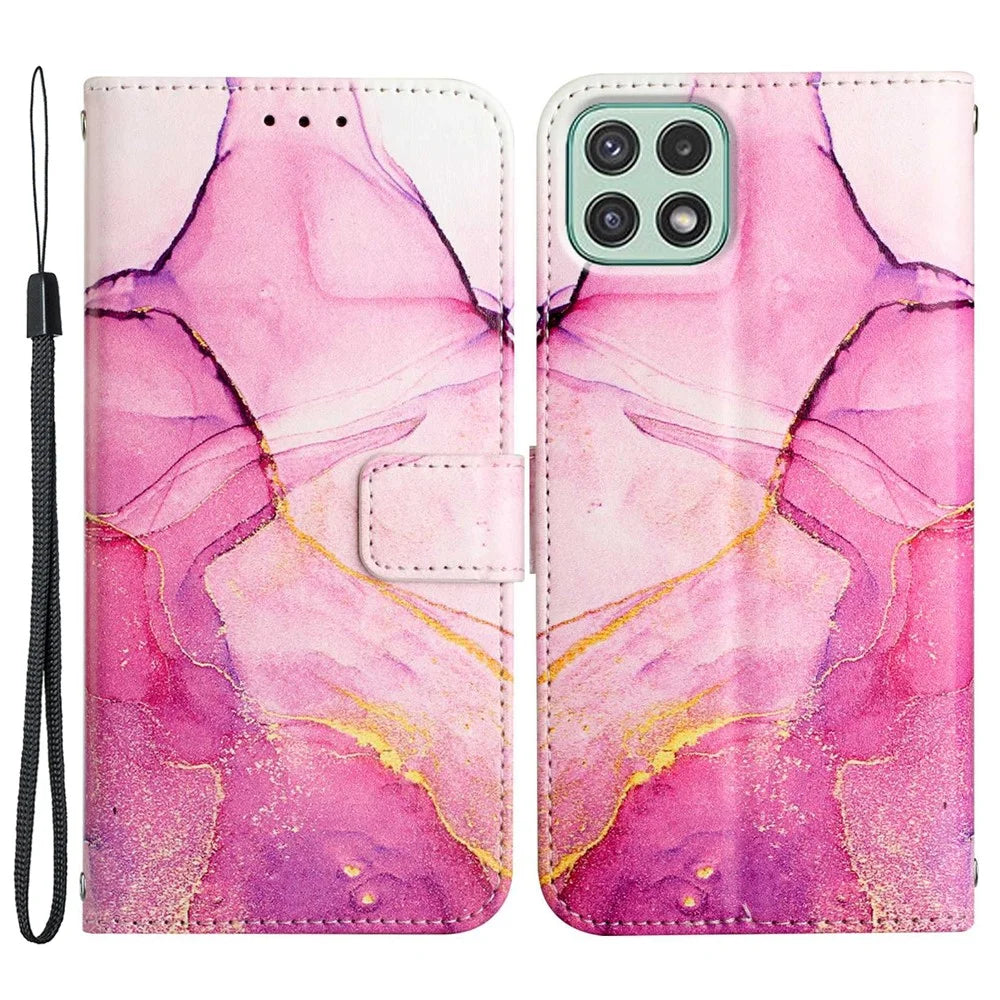 YB Pattern Printing Leather Series-5 for Samsung Galaxy A22 5G (EU Version) Wallet Stand Phone Case Marble Pattern Protective Cover - Pink Purple Gold LS001 - 1