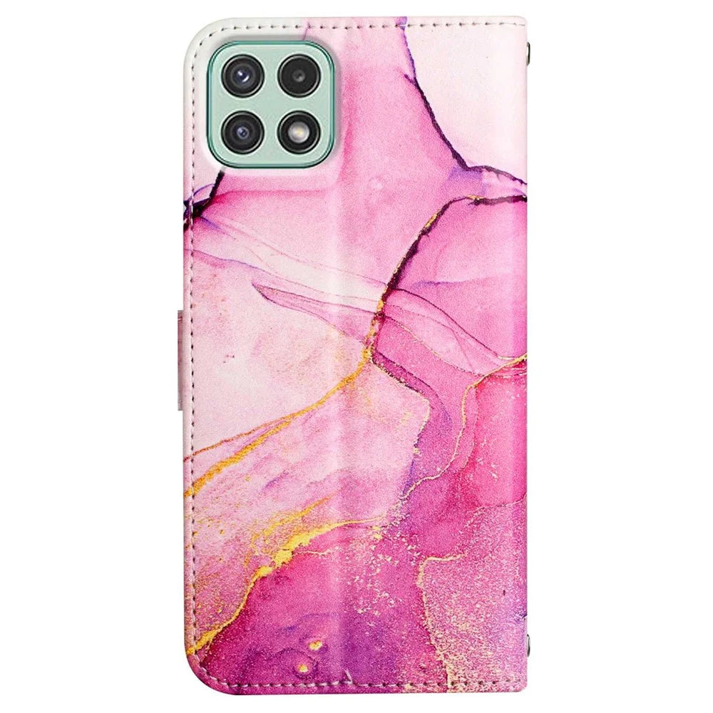 YB Pattern Printing Leather Series-5 for Samsung Galaxy A22 5G (EU Version) Wallet Stand Phone Case Marble Pattern Protective Cover - Pink Purple Gold LS001 - 3