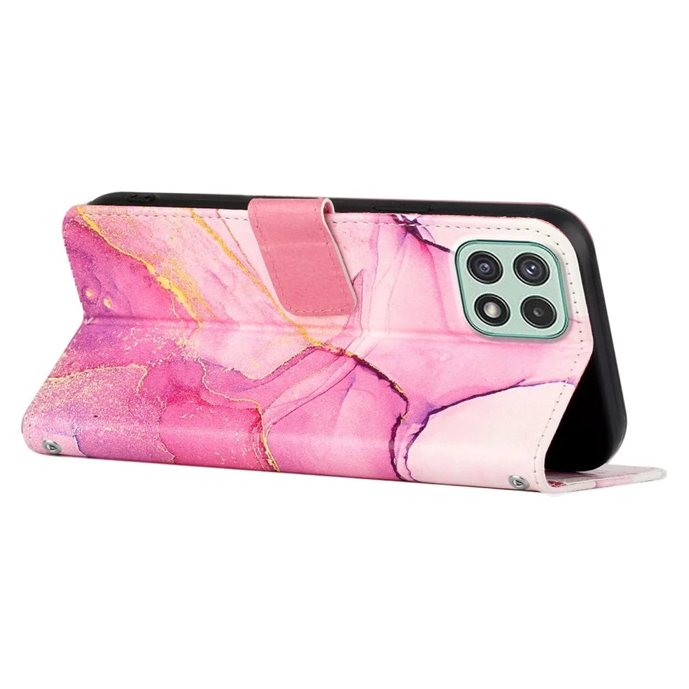 YB Pattern Printing Leather Series-5 for Samsung Galaxy A22 5G (EU Version) Wallet Stand Phone Case Marble Pattern Protective Cover - Pink Purple Gold LS001 - 4