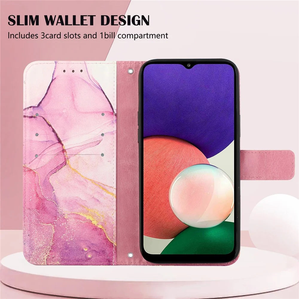 YB Pattern Printing Leather Series-5 for Samsung Galaxy A22 5G (EU Version) Wallet Stand Phone Case Marble Pattern Protective Cover - Pink Purple Gold LS001 - 5
