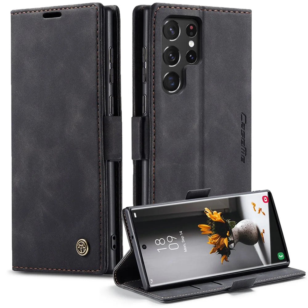 CASEME 013 Series for Samsung Galaxy S22 Ultra 5G Foldable Stand Wallet PU Leather + TPU Cover Auto-absorbed Magnetic Closing Phone Case - Black - 1
