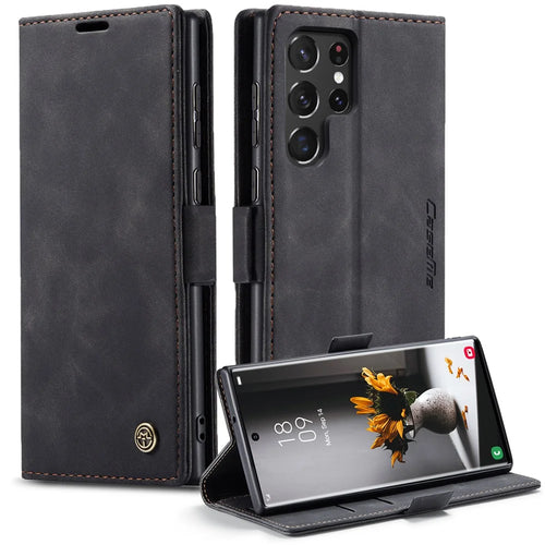 CASEME 013 Series for Samsung Galaxy S22 Ultra 5G Foldable Stand Wallet PU Leather + TPU Cover Auto-absorbed Magnetic Closing Phone Case - Black - 1