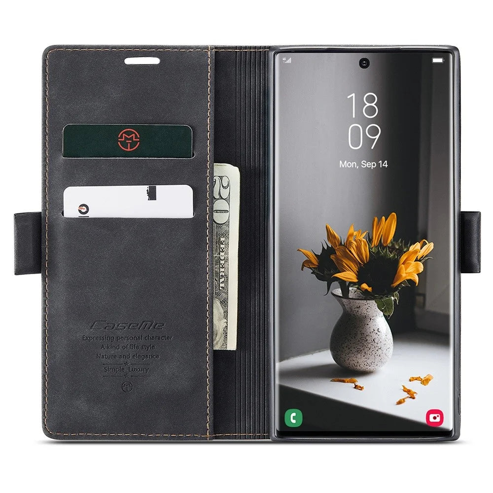 CASEME 013 Series for Samsung Galaxy S22 Ultra 5G Foldable Stand Wallet PU Leather + TPU Cover Auto-absorbed Magnetic Closing Phone Case - Black - 2