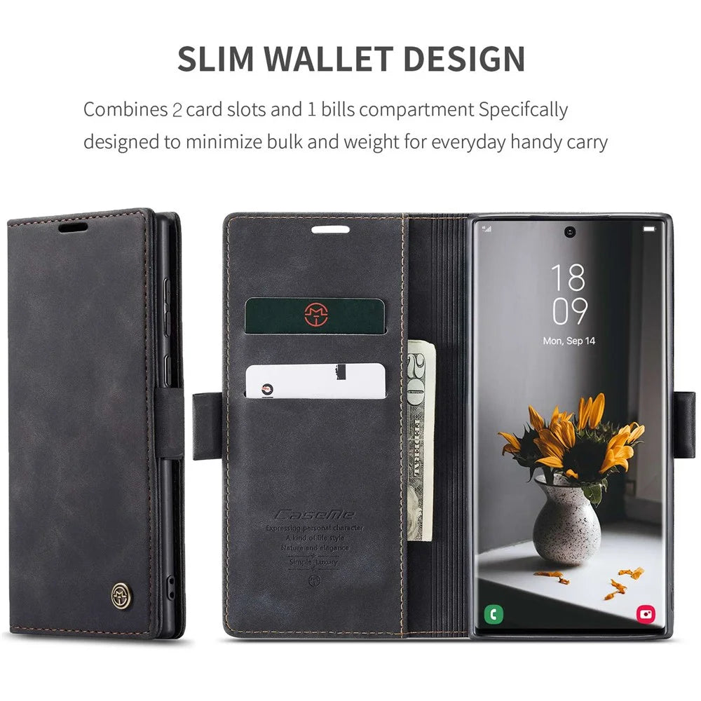 CASEME 013 Series for Samsung Galaxy S22 Ultra 5G Foldable Stand Wallet PU Leather + TPU Cover Auto-absorbed Magnetic Closing Phone Case - Black - 4