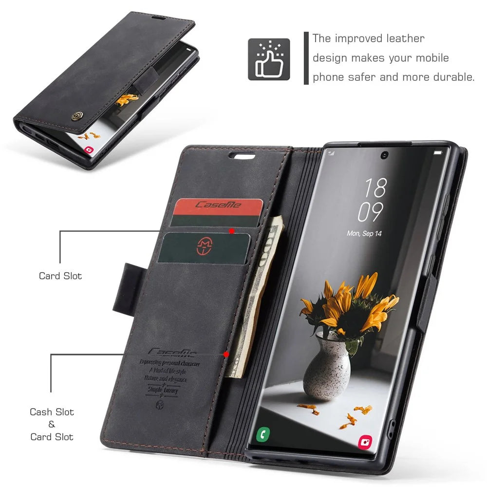 CASEME 013 Series for Samsung Galaxy S22 Ultra 5G Foldable Stand Wallet PU Leather + TPU Cover Auto-absorbed Magnetic Closing Phone Case - Black - 5