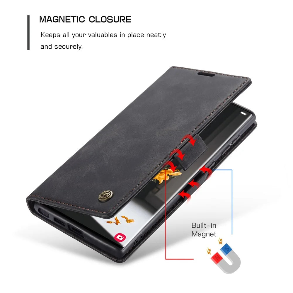 CASEME 013 Series for Samsung Galaxy S22 Ultra 5G Foldable Stand Wallet PU Leather + TPU Cover Auto-absorbed Magnetic Closing Phone Case - Black - 6
