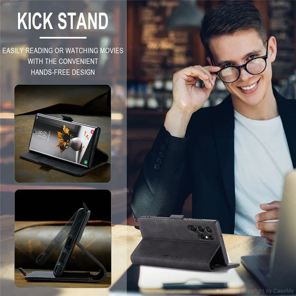 CASEME 013 Series for Samsung Galaxy S22 Ultra 5G Foldable Stand Wallet PU Leather + TPU Cover Auto-absorbed Magnetic Closing Phone Case - Black - 7