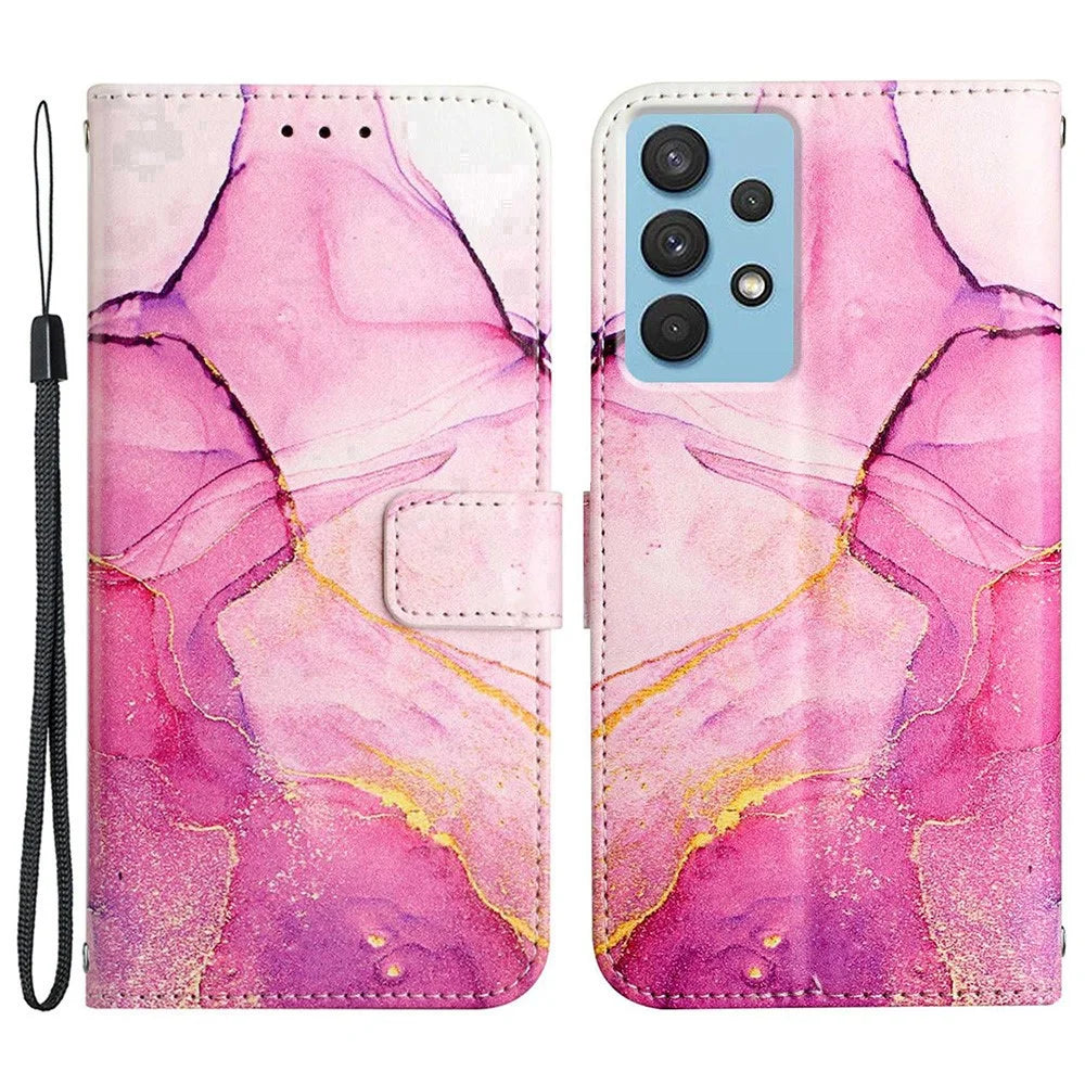 YB Pattern Printing Series-5 for Samsung Galaxy A13 4G Marble Pattern PU Leather Flip Protective Cover Magnetic Closure Wallet Soft TPU Stand Case with Strap - Pink Purple Gold LS001 - 1