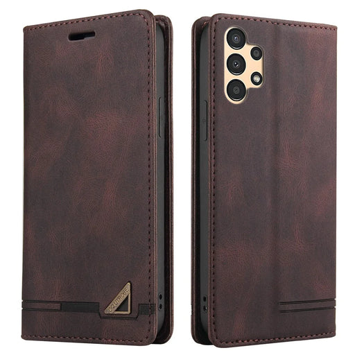 GQ.UTROBE 008 Series Skin-Touch Feeling Leather Case for Samsung Galaxy A13 4G, RFID Blocking Shockproof Anti-fall Stand Wallet Phone Shell - Coffee - 1
