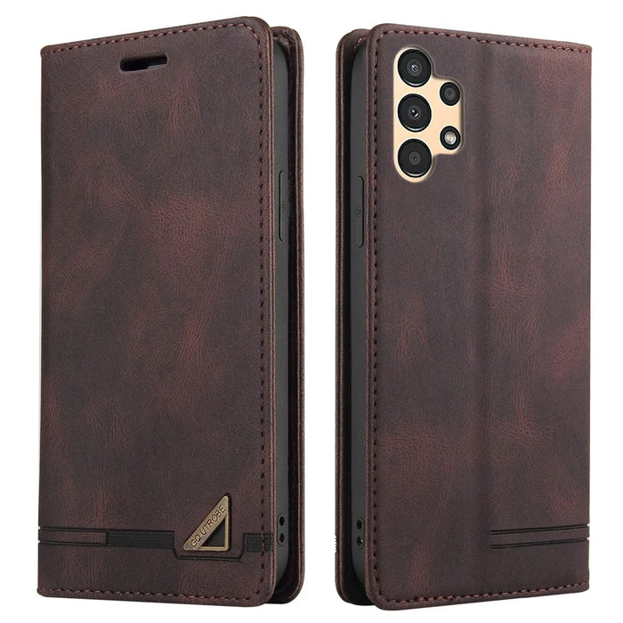 GQ.UTROBE 008 Series Skin-Touch Feeling Leather Case for Samsung Galaxy A13 4G, RFID Blocking Shockproof Anti-fall Stand Wallet Phone Shell - Coffee - 1