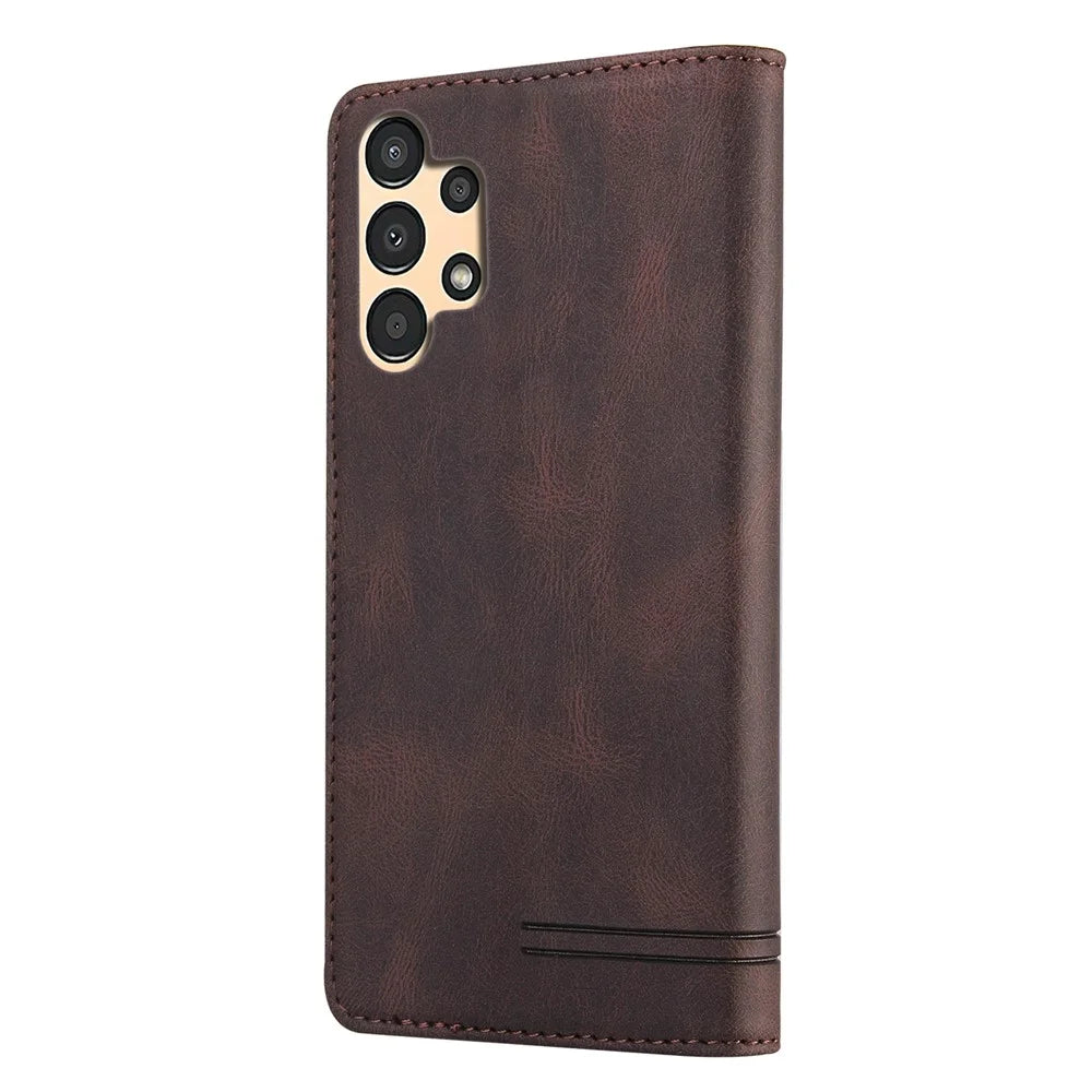 GQ.UTROBE 008 Series Skin-Touch Feeling Leather Case for Samsung Galaxy A13 4G, RFID Blocking Shockproof Anti-fall Stand Wallet Phone Shell - Coffee - 3