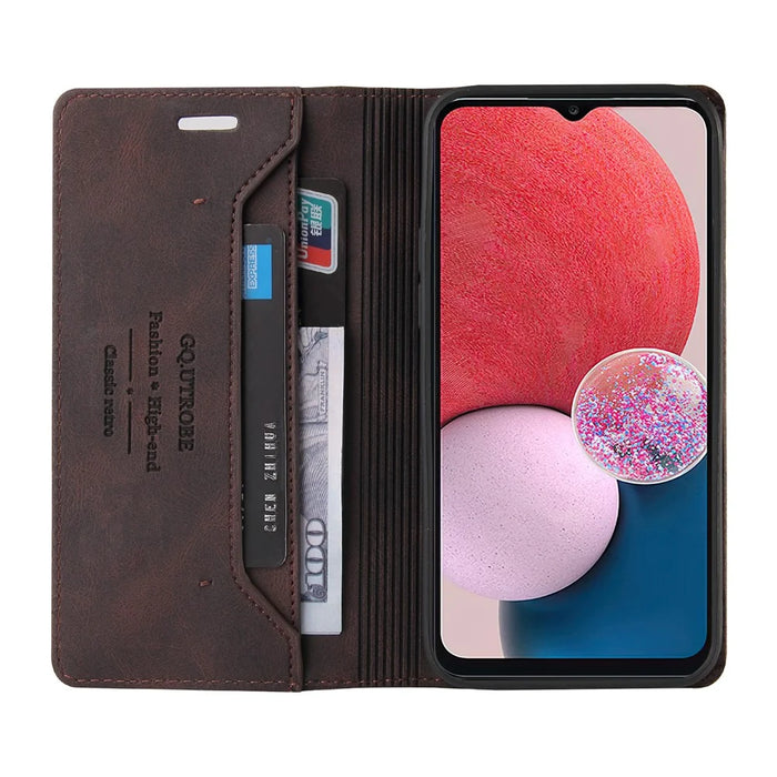 GQ.UTROBE 008 Series Skin-Touch Feeling Leather Case for Samsung Galaxy A13 4G, RFID Blocking Shockproof Anti-fall Stand Wallet Phone Shell - Coffee - 4