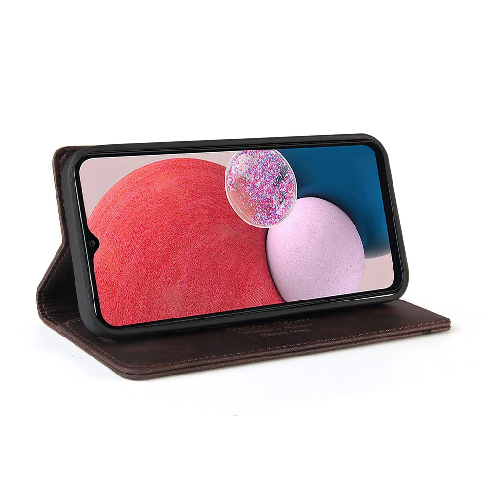 GQ.UTROBE 008 Series Skin-Touch Feeling Leather Case for Samsung Galaxy A13 4G, RFID Blocking Shockproof Anti-fall Stand Wallet Phone Shell - Coffee - 5