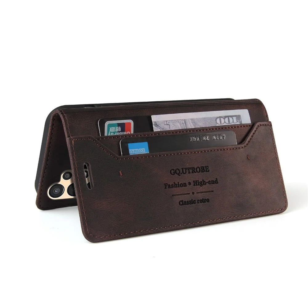 GQ.UTROBE 008 Series Skin-Touch Feeling Leather Case for Samsung Galaxy A13 4G, RFID Blocking Shockproof Anti-fall Stand Wallet Phone Shell - Coffee - 6