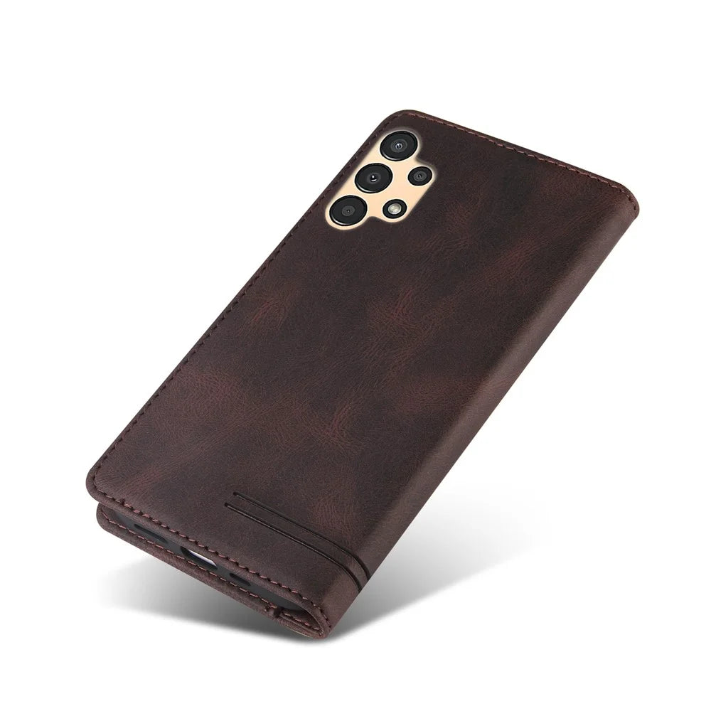 GQ.UTROBE 008 Series Skin-Touch Feeling Leather Case for Samsung Galaxy A13 4G, RFID Blocking Shockproof Anti-fall Stand Wallet Phone Shell - Coffee - 7