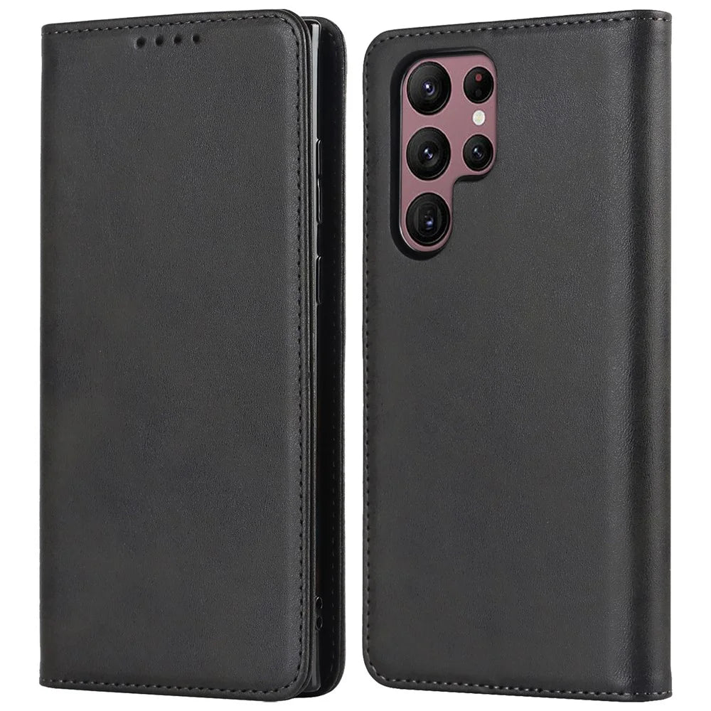 Textured PU Leather Case for Samsung Galaxy S22 Ultra 5G, Stand Wallet Design Auto Closing Magnetic Phone Cover - Black - 1