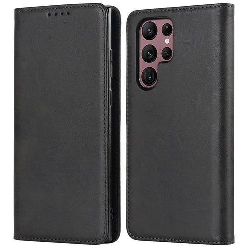 Textured PU Leather Case for Samsung Galaxy S22 Ultra 5G, Stand Wallet Design Auto Closing Magnetic Phone Cover - Black - 1