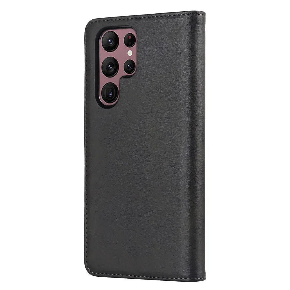 Textured PU Leather Case for Samsung Galaxy S22 Ultra 5G, Stand Wallet Design Auto Closing Magnetic Phone Cover - Black - 3